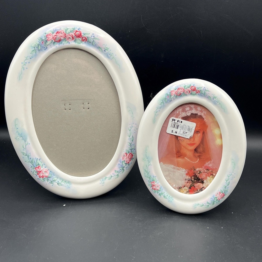 VTG Oval Ceramic‎ Picture Frame Pink Floral Design Set of 2 Cottage Core 80s